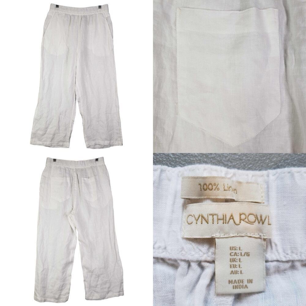 Cynthia Rowl Pants Straight Leg White Women’s Flat Front Size Large L Linen